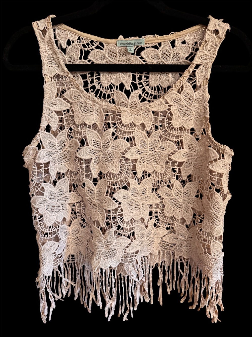 Charlotte Russe Vintage Y2K Boho Dusty Rose Crochet Floral Fringe Crop Tank Sz M